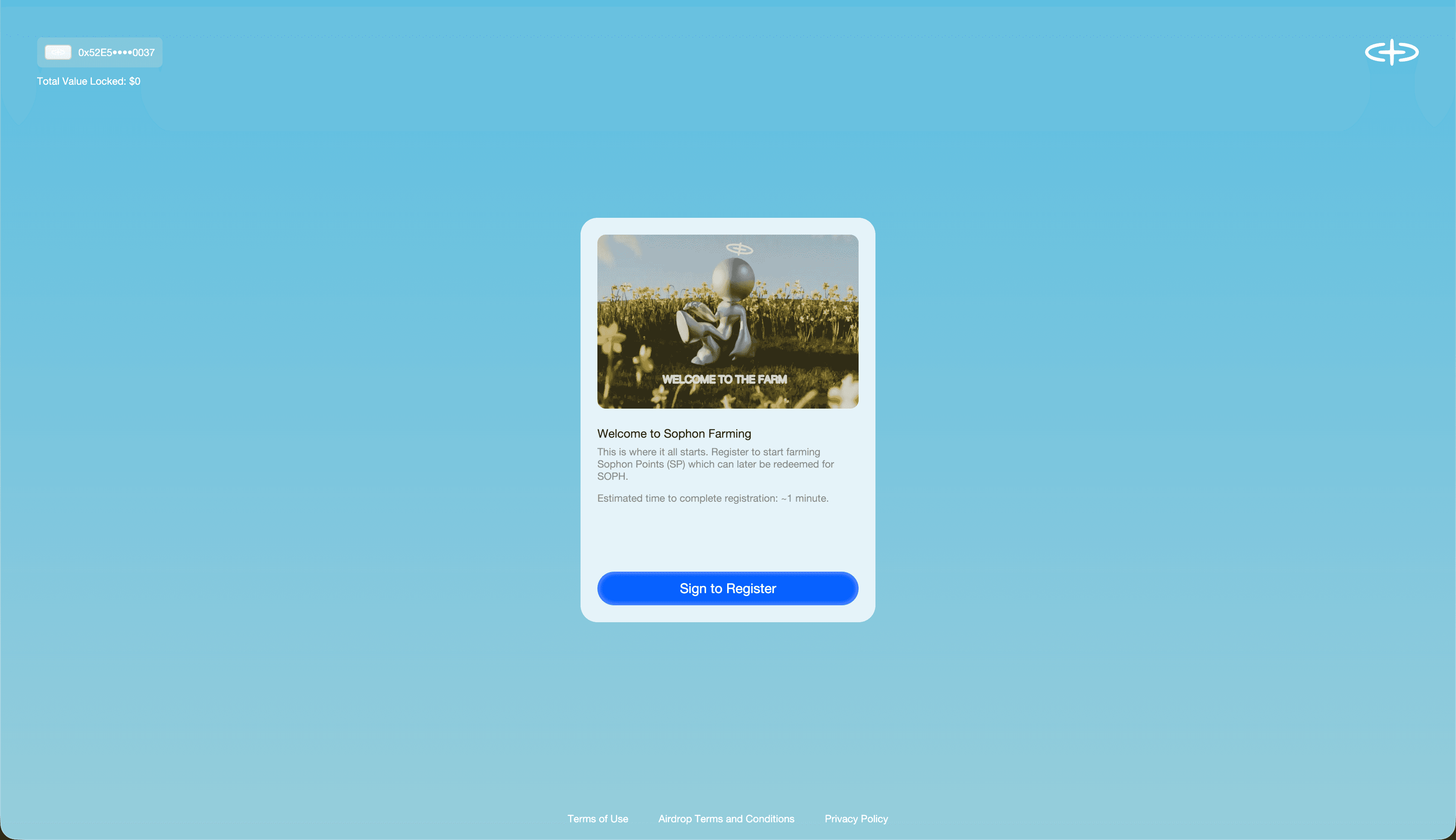 Sophon Farm welcome screen inviting a connected wallet to sign and register for farming