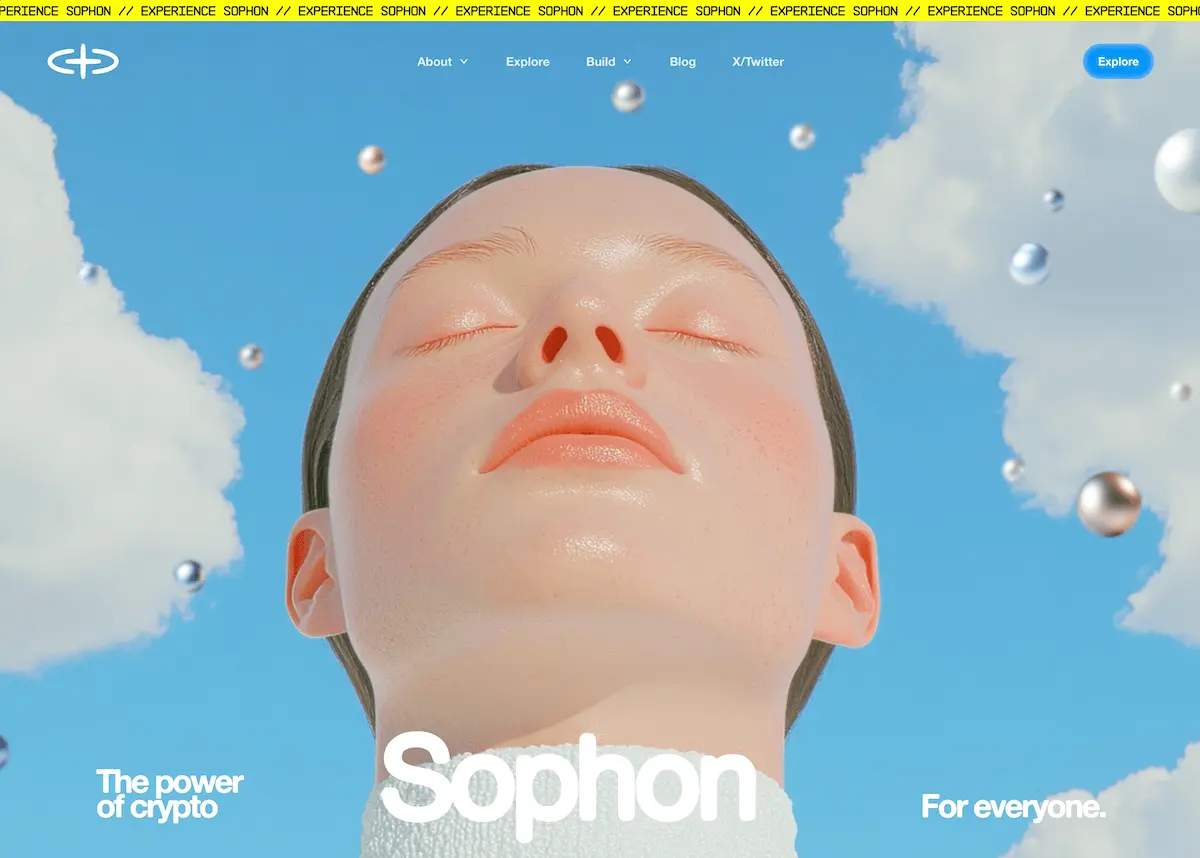 Sophon landing page with a portrait, floating spheres, and navigation against a blue sky