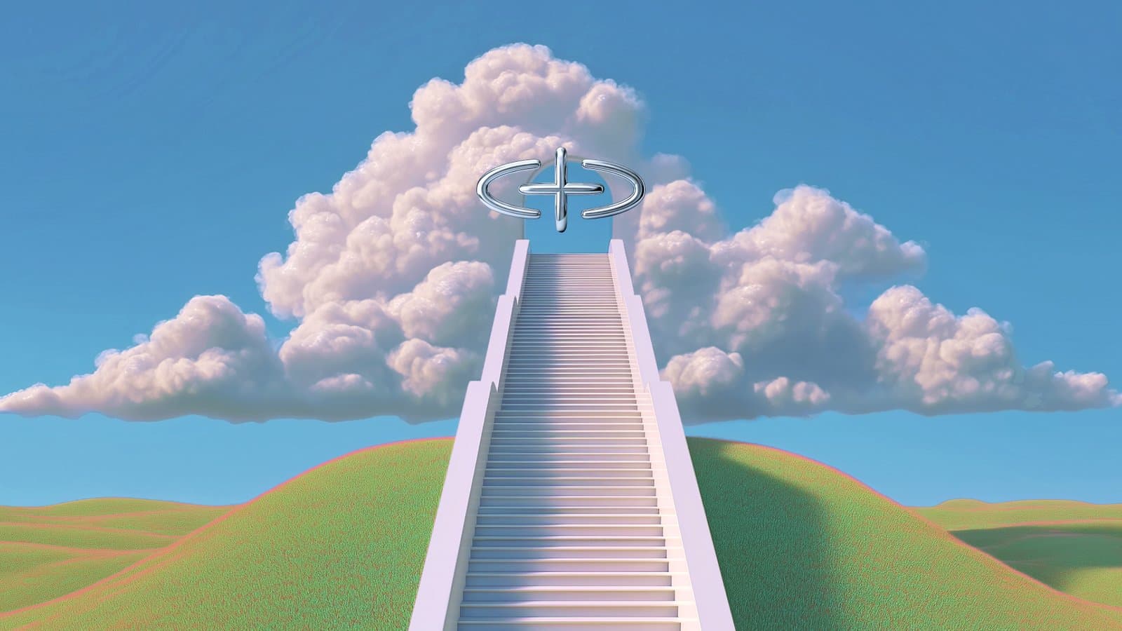 A staircase rising toward the Sophon symbol above green hills and clouds