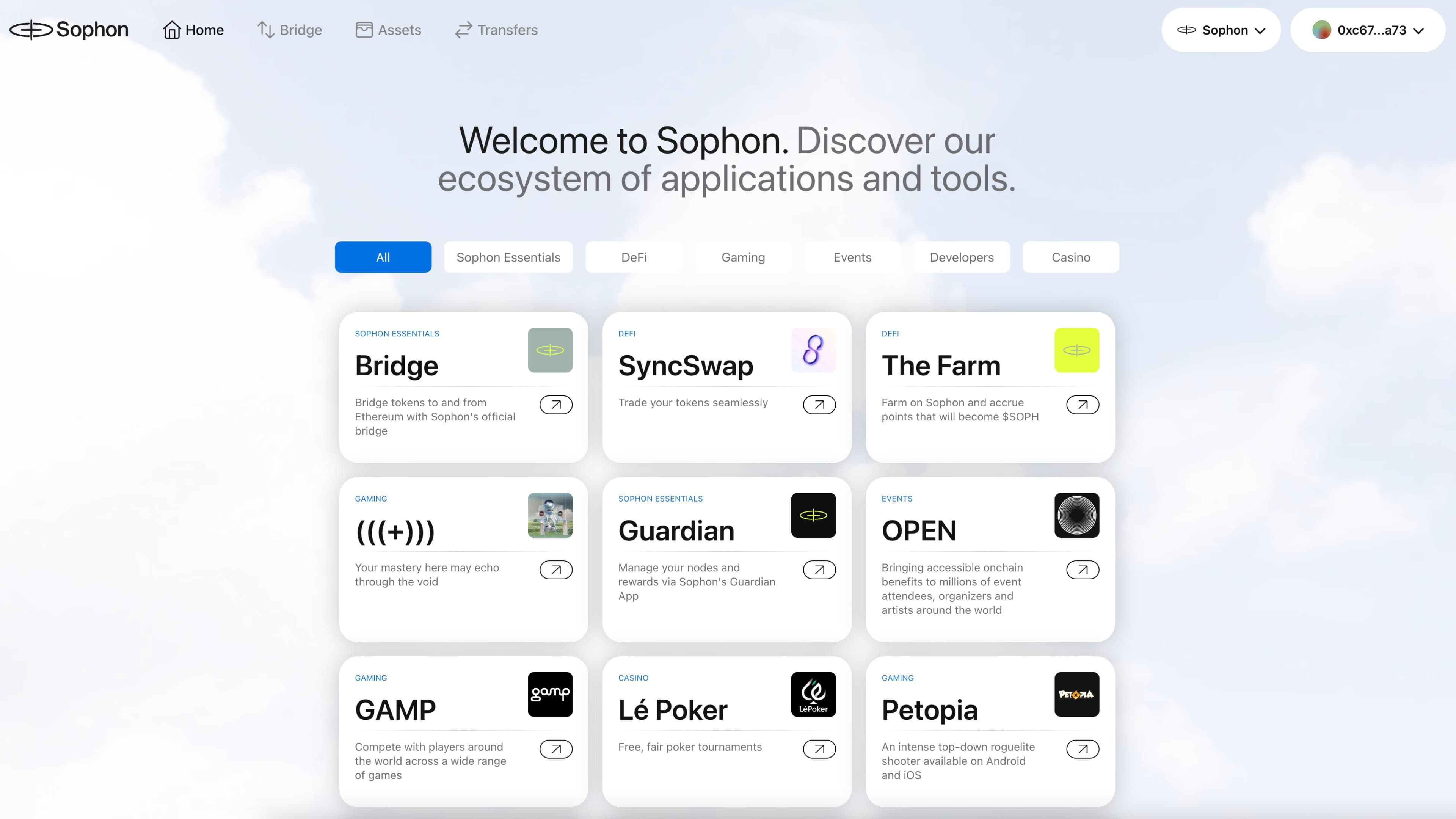 Sophon portal showing ecosystem category filters, app cards, and navigation for bridging, assets, and transfers