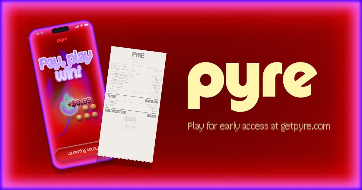 Pyre early-access promotional concept with a phone illustration, receipt, and invitation to play at getpyre.com