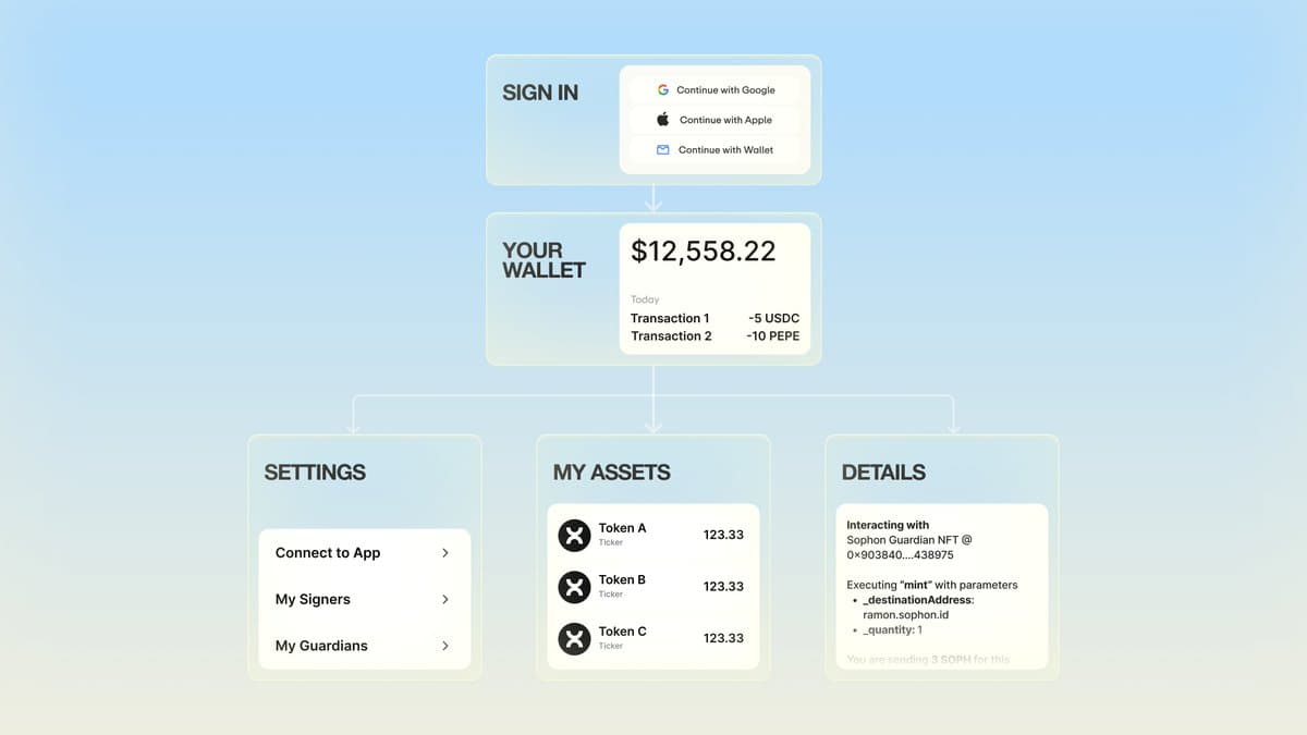 Account journey from Google, Apple, or wallet sign-in to a wallet overview, branching into settings, token assets, and contract interaction details