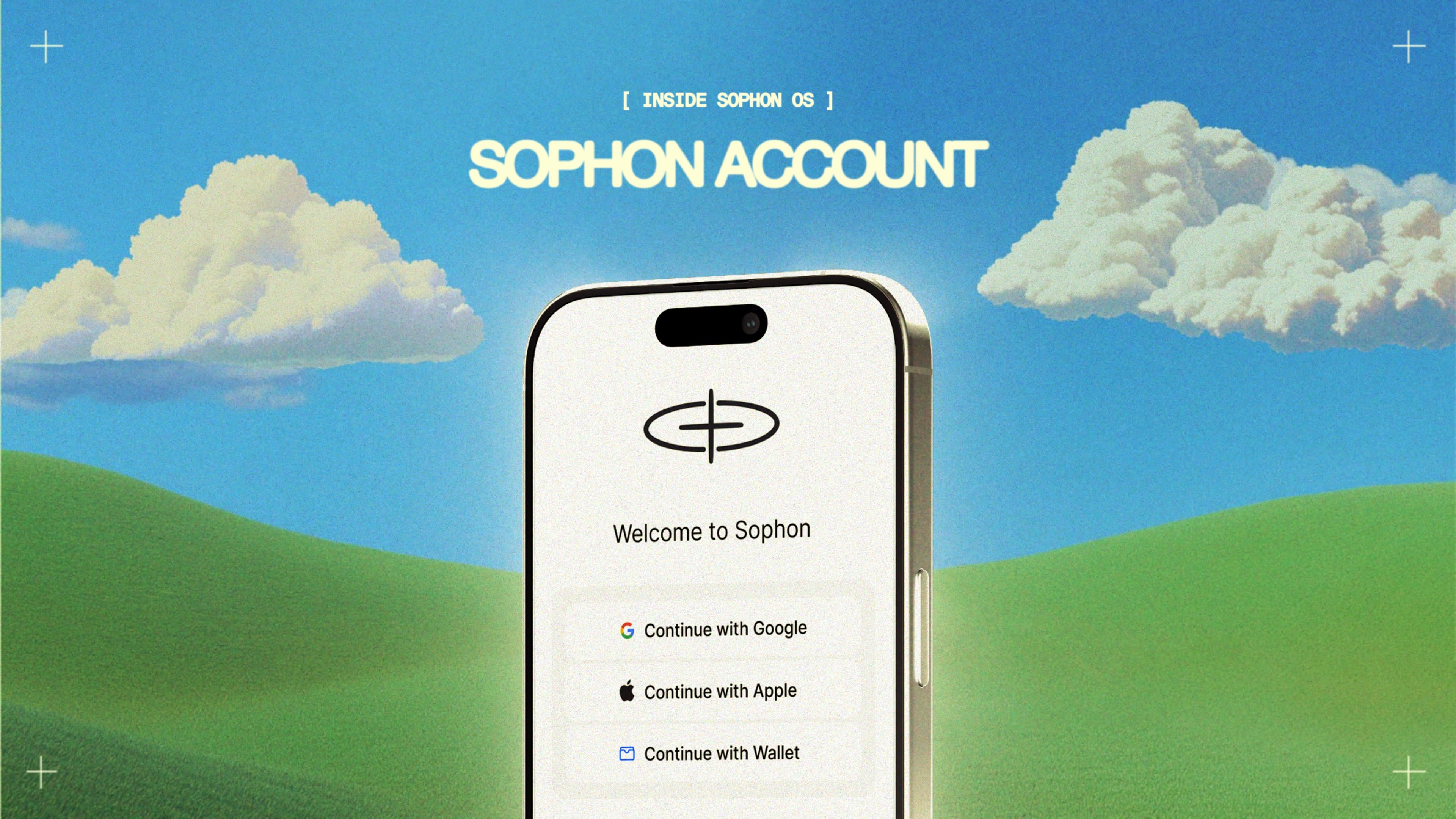 Sophon Account campaign cover with Google, Apple, and wallet sign-in options on a phone