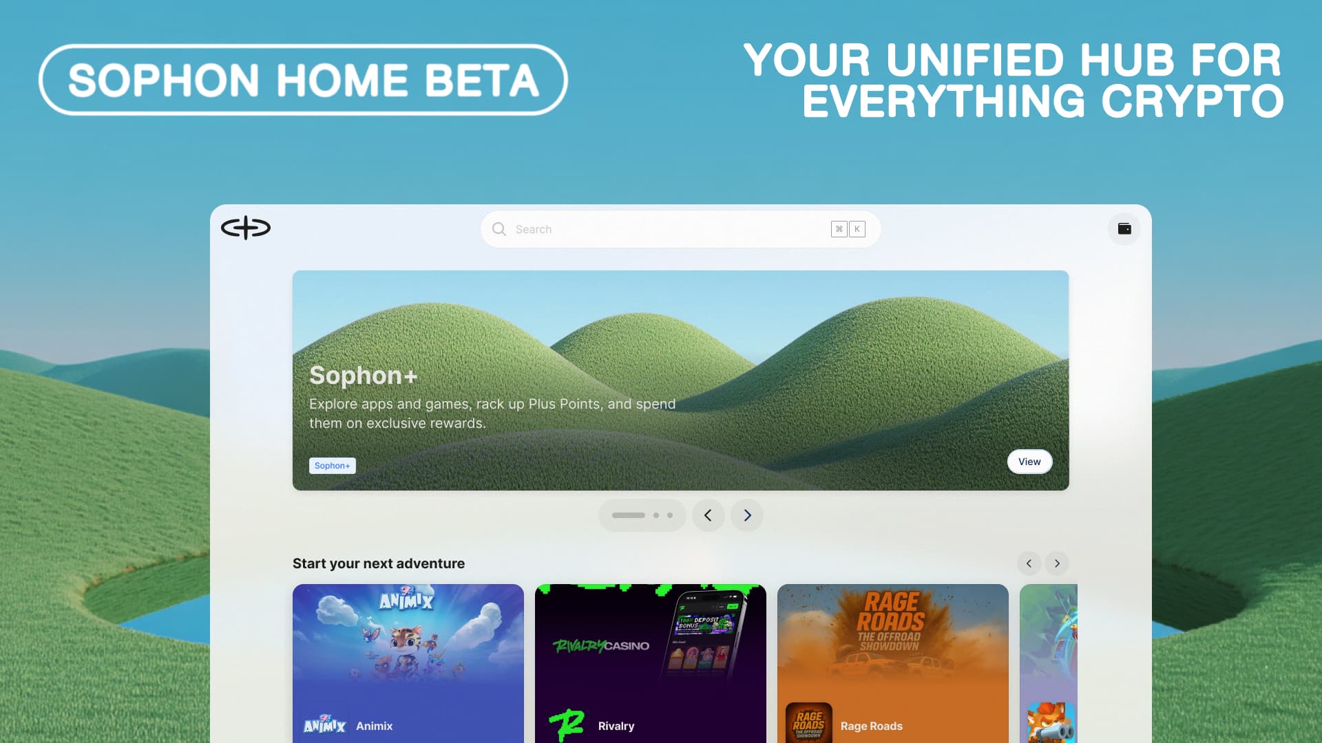Sophon Home discovery interface with a Sophon+ banner and a selection of ecosystem apps