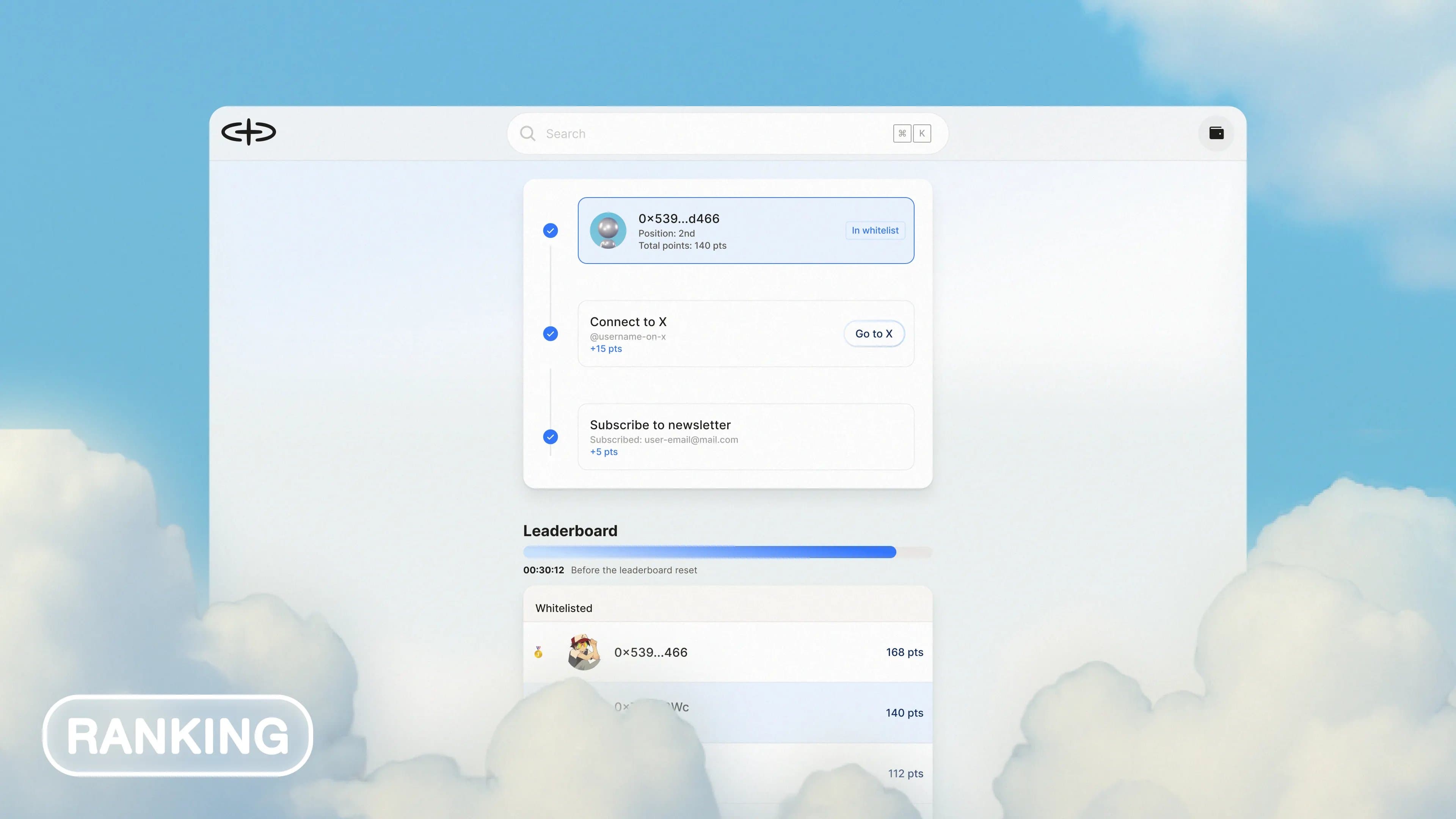 Sophon Home participation interface with completed challenges, points, and a leaderboard