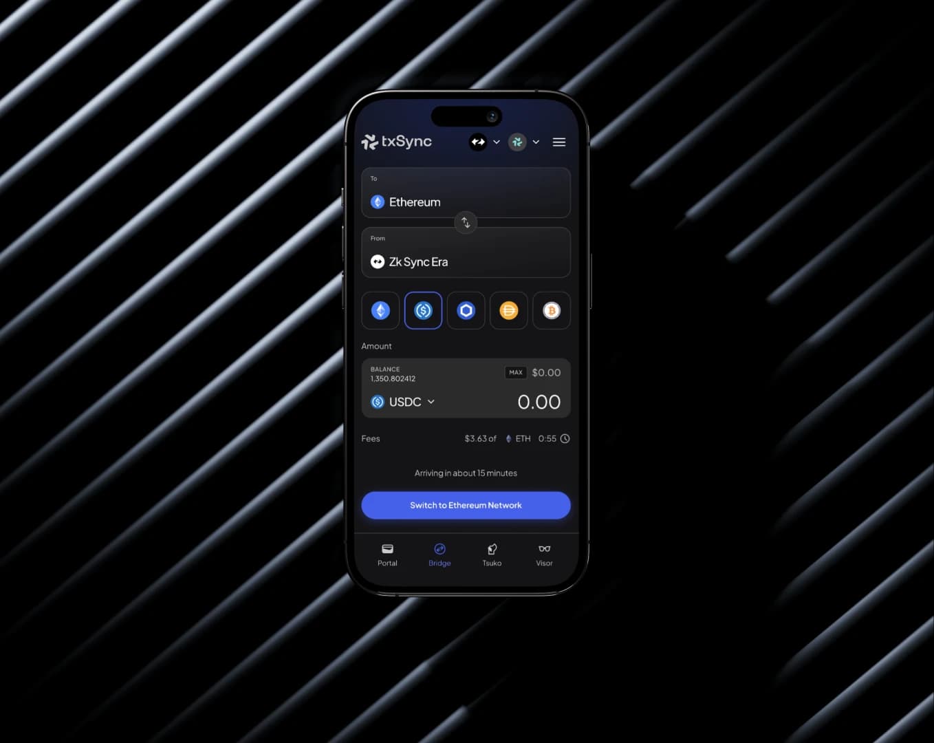 txSync Bridge mobile interface displayed on a phone with network, token, and amount controls