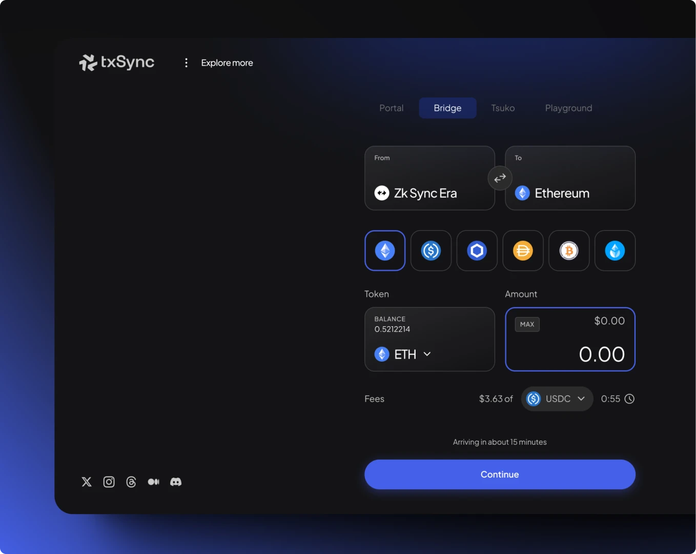 txSync Bridge desktop interface with network selection, token amount, and transaction fees