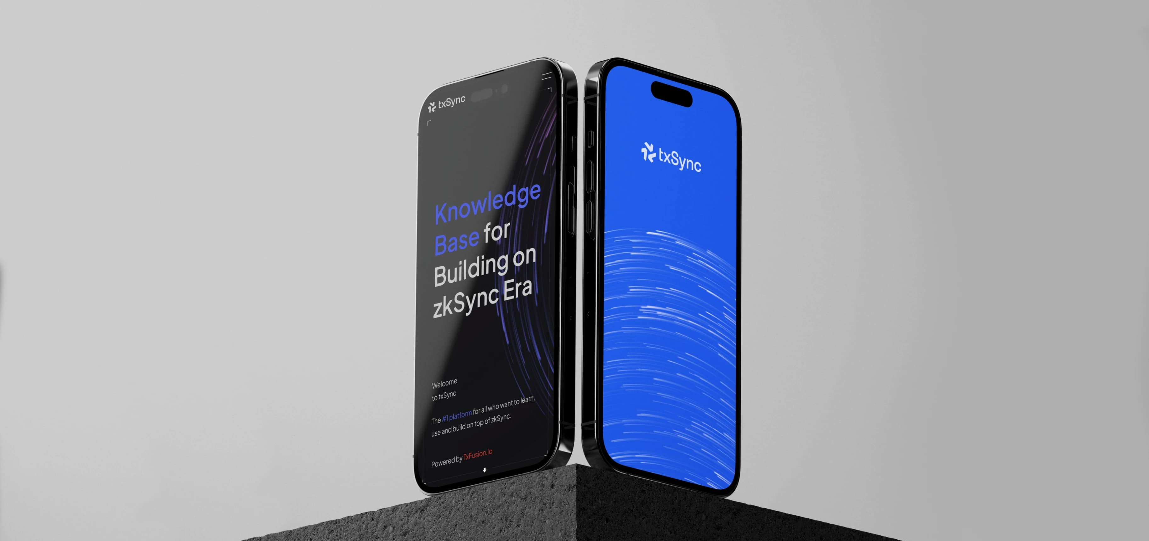 Two phones displaying txSync branding and its ZKsync Era knowledge base