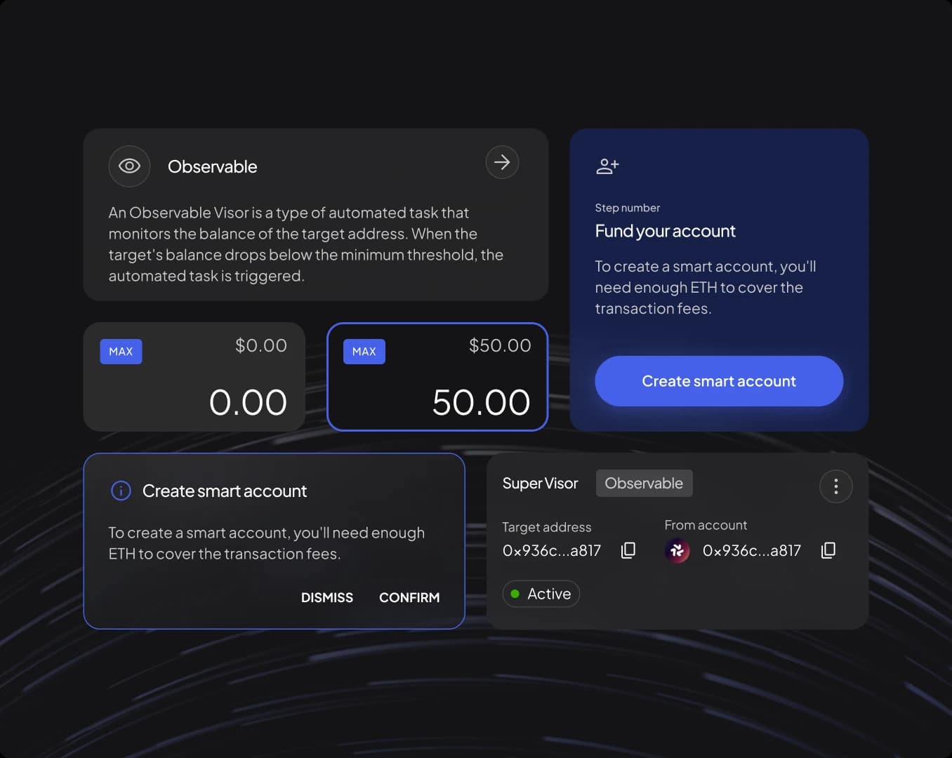 Visor interface details showing account funding, amount inputs, a confirmation dialog, and an active balance-monitoring task